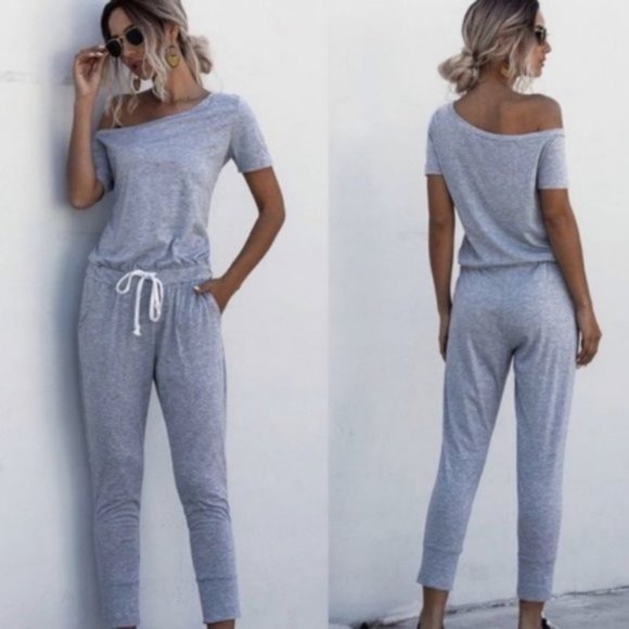 EMILIE Off Shoulder Grey Jumpsuit - Picture 2 of 3
